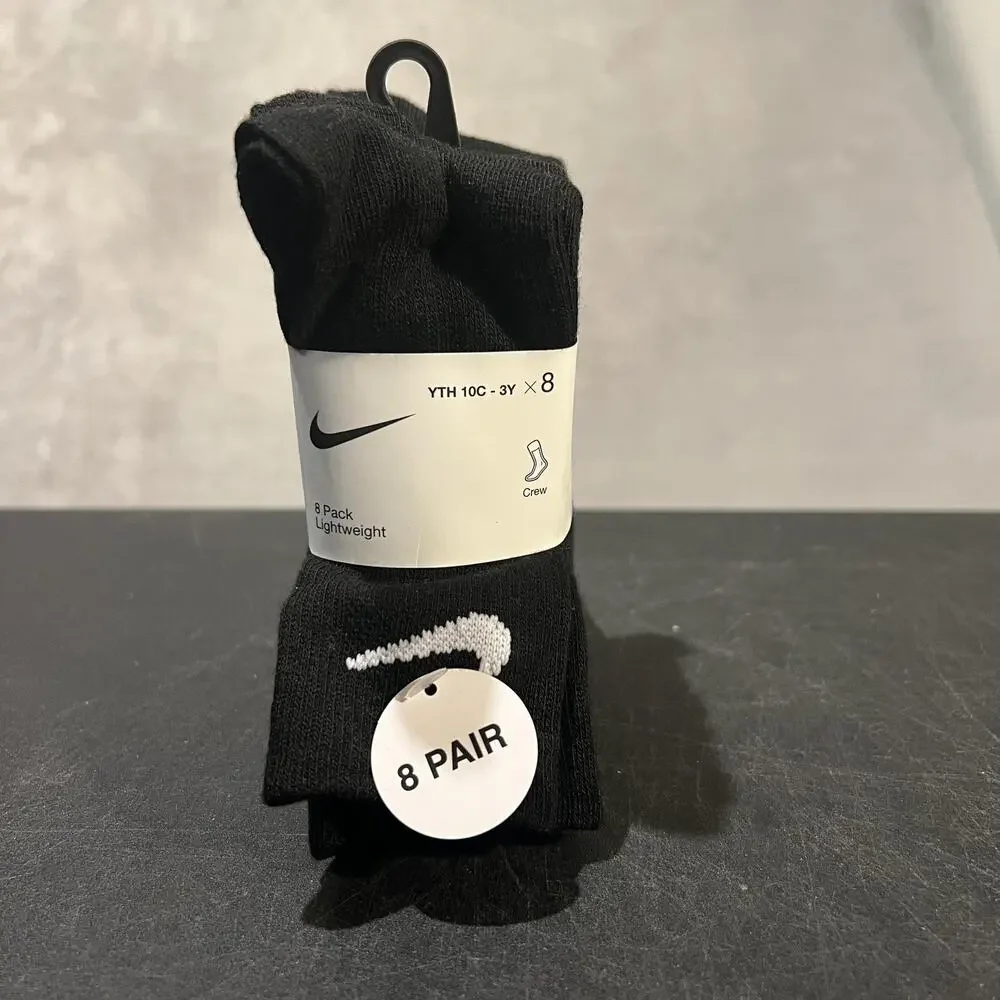 Nike Socks Youth Size 10C-3Y Black Crew 8 Pair Lightweight Swoosh Logo Pack